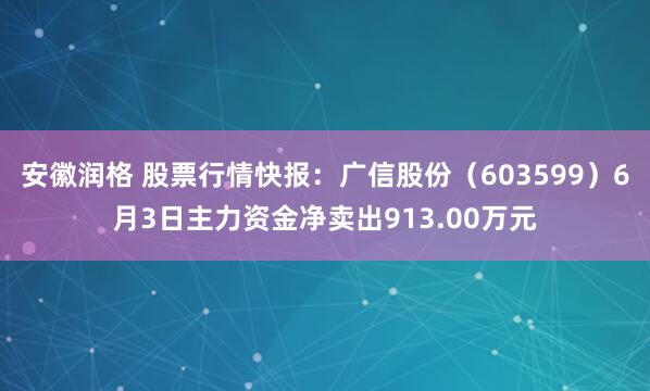 安徽润格 股票行情快报：广信股份（603599）6月3日主力资金净卖出913.00万元